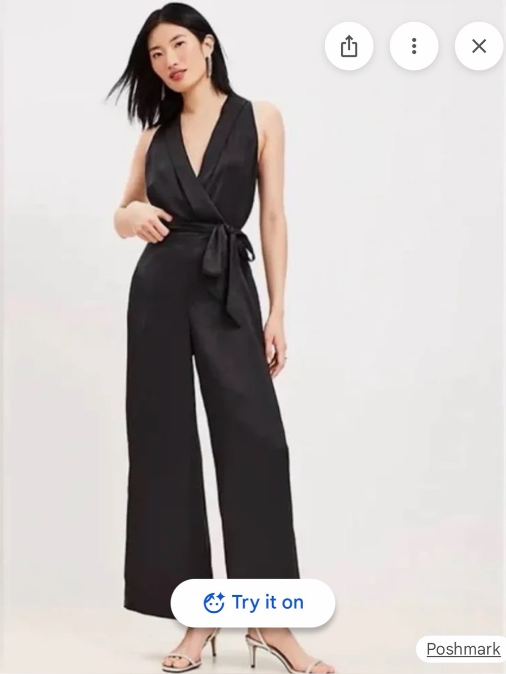 LOFT Black Tuxedo Collar Sleeveless Wrap Jumpsuit with Tie Waist